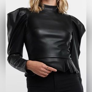 EXPRESS NWT Faux Leather Mock Neck Puff Sleeve Peplum Top Size M